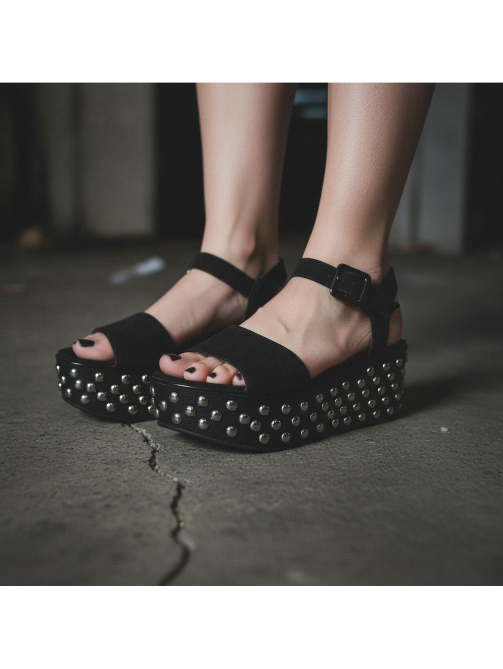 B Brian Atwood Black Suede Franki Studded Platform Wedge Sandals Size 8.5